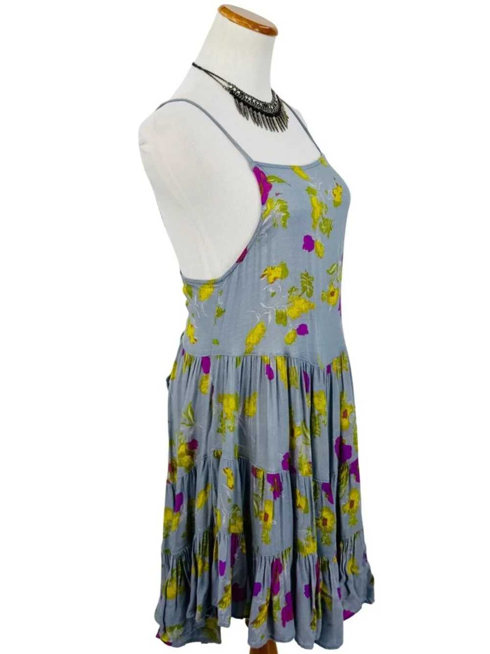 Free People Floral Strappy Lace Up Back Ruffle Hem Mini Dress S| Balletcore Boho - Picture 13 of 16